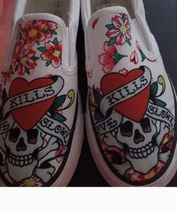 Floral Skull Kids Slip-On Shoes - White